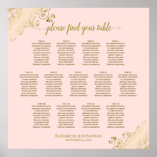13 Table Blush Pink & Gold Wedding Seating Chart