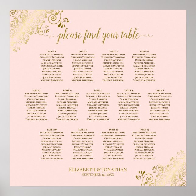 13 Table Blush Pink & Gold Wedding Seating Chart (Front)