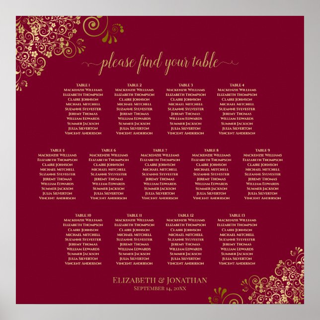 13 Table Burgundy & Gold Elegant Seating Chart (Front)