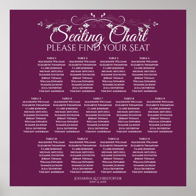 13 Table Cassis Purple Wedding Seating Chart (Front)