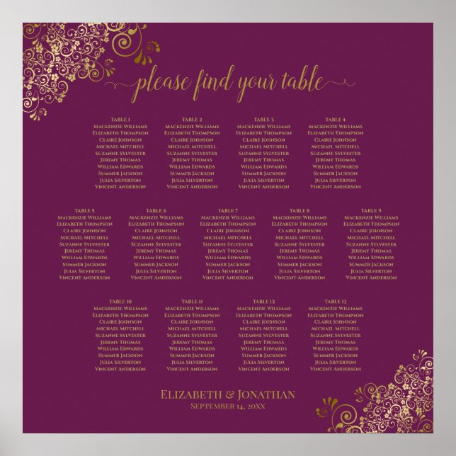 13 Table Cassis Purple Wedding Seating Chart Gold (Front)