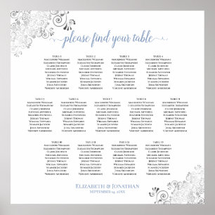 13 Table Frilly Wedding Seating Chart White & Blue