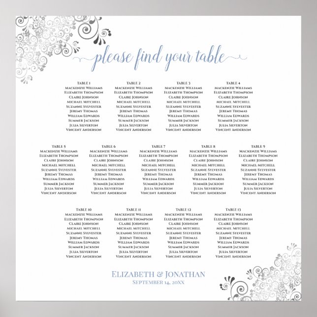 13 Table Frilly Wedding Seating Chart White & Blue (Front)