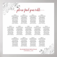 13 Table Frilly Wedding Seating Chart White & Red