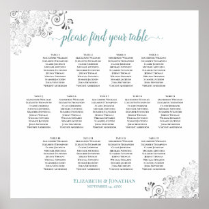 13 Table Frilly Wedding Seating Chart White & Teal