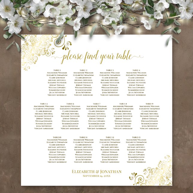 13 Table Gold Frills White Wedding Seating Chart (In Situ on Wall with Decorations)
