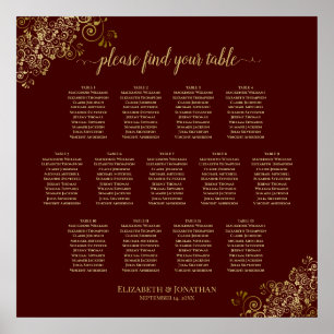 13 Table Lacy Gold & Auburn Wedding Seating Chart