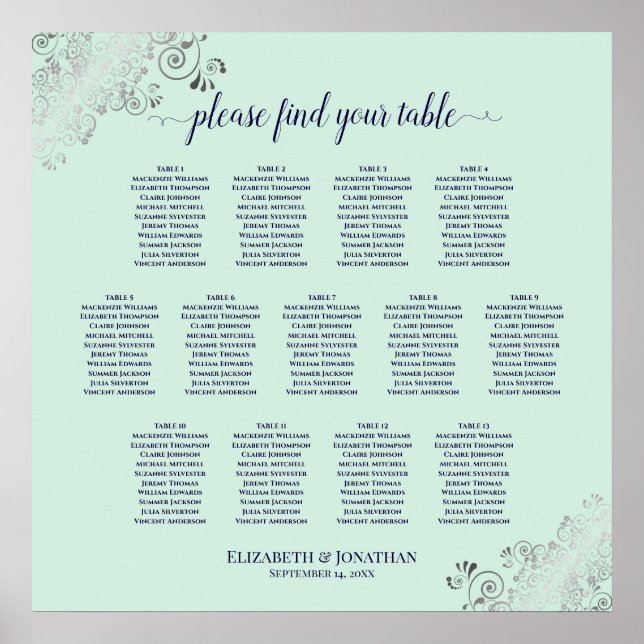 13 Table Mint Green & Navy Wedding Seating Chart (Front)