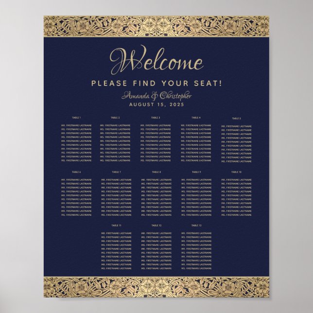 13 Table Navy Blue Wedding Seating Chart Gold Rose (Front)