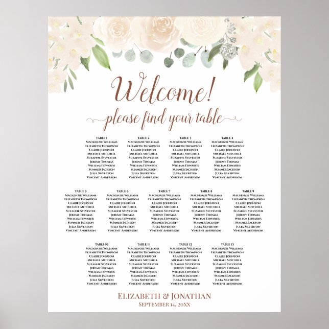 13 Table Pale Peach Roses Wedding Seating Chart (Front)