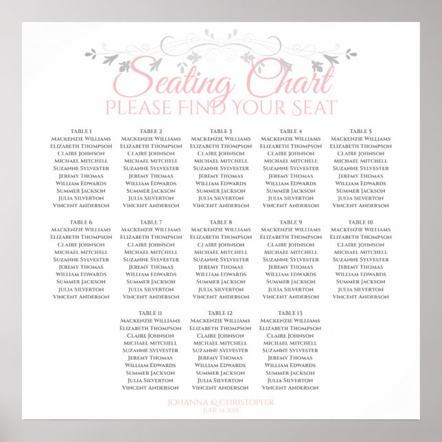13 Table Pink & Gray Wedding Seating Chart (Front)
