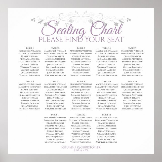 13 Table Purple & Grey Wedding Seating Chart (Front)