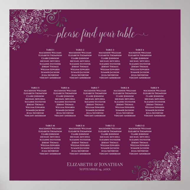 13 Table Silver & Cassis Wedding Seating Chart (Front)