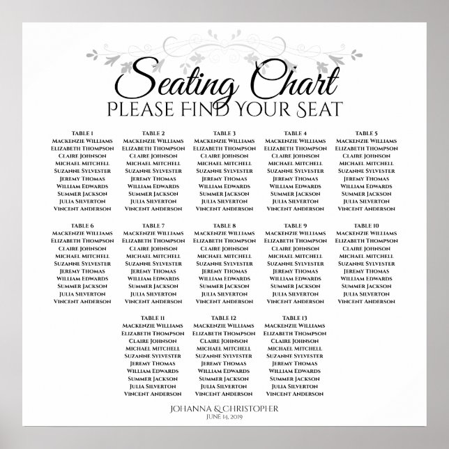 13 Table Silver Filigree Wedding Seating Chart (Front)