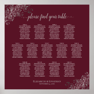 13 Table Silver on Burgundy Wedding Seating Chart