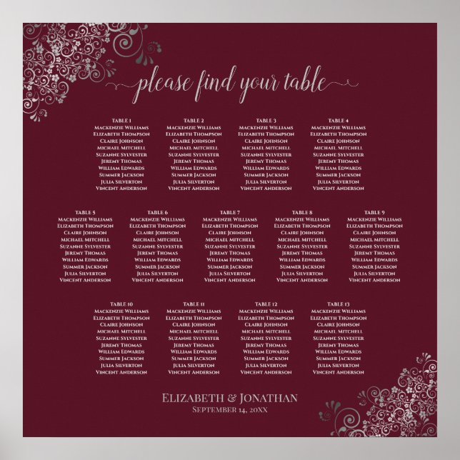 13 Table Silver on Burgundy Wedding Seating Chart (Front)