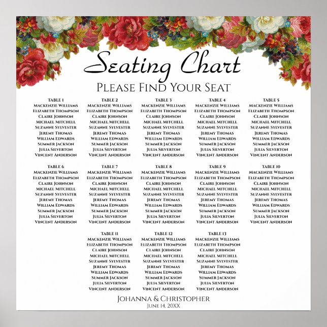 13 Table Victorian Roses Wedding Seating Chart (Front)