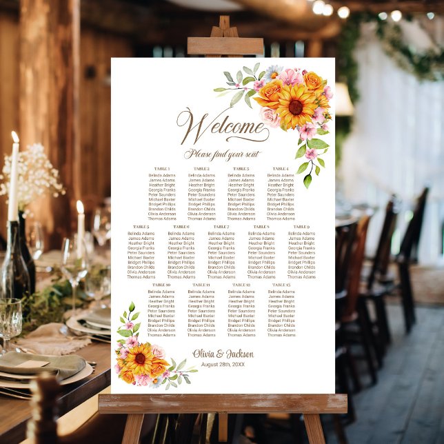 13 Table Yellow Pink Floral Wedding Seating Chart (Creator Uploaded)