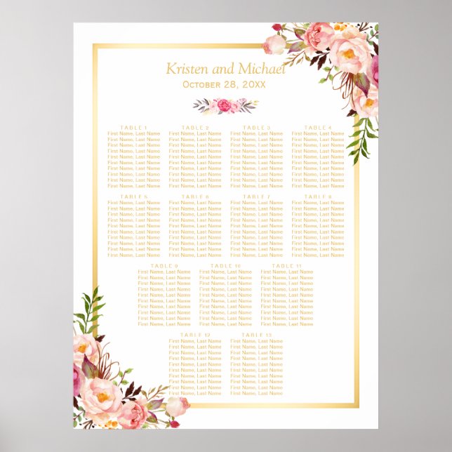 13 Tables Wedding Seating Chart Classy Chic Floral (Front)