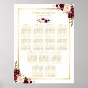 13 Tables Wedding Seating Gold Burgundy Floral Poster