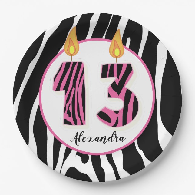 13 Year Old Girl Zebra Stripe Pink Trendy Birthday Paper Plate (Front)