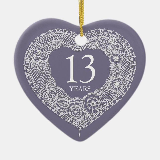 13 years lace anniversary heart photo ceramic tree decoration (Front)