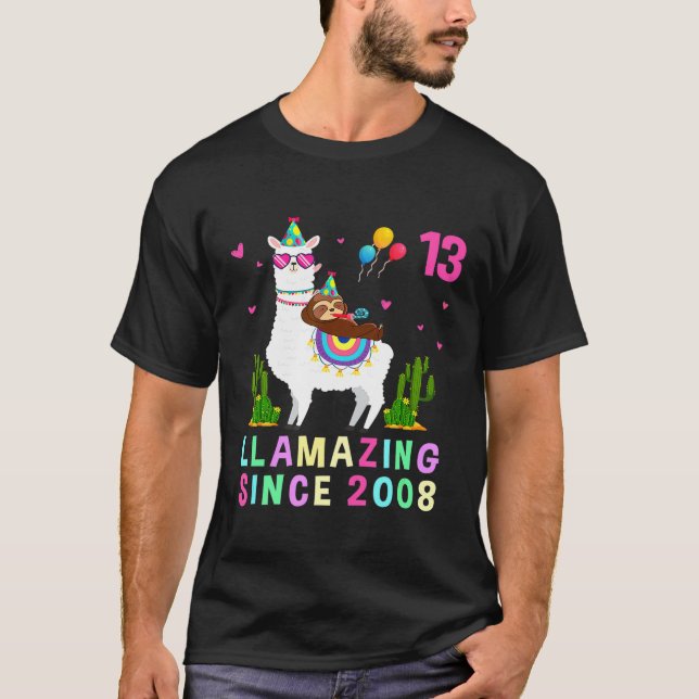 13 Years Old 13th Birthday Sloth Riding Llama Girl T-Shirt (Front)