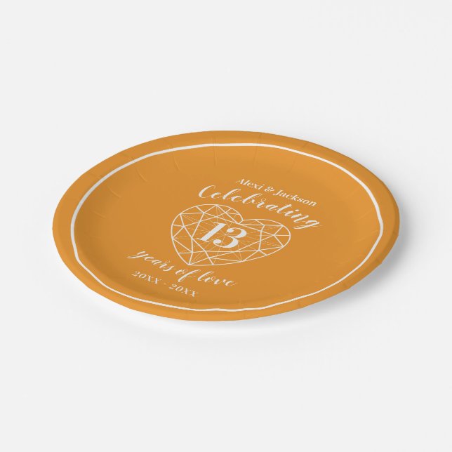 13th anniversary citrine orange personalised party paper plate (Angled)