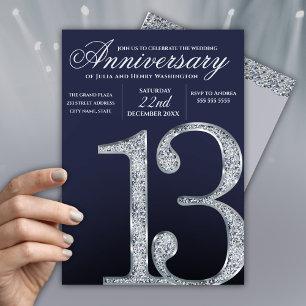 13th Anniversary Diamond Silver Dark Blue Years Invitation