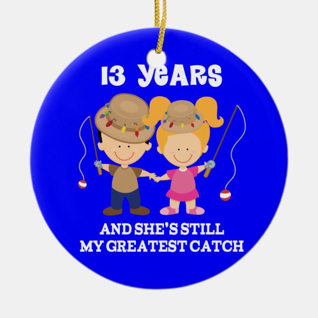 13th Anniversary Funny Fishing Ceramic Tree Decoration (Front)
