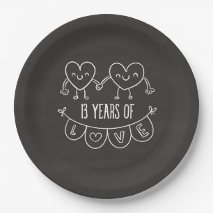 13th Anniversary Gift Chalk Hearts Paper Plate