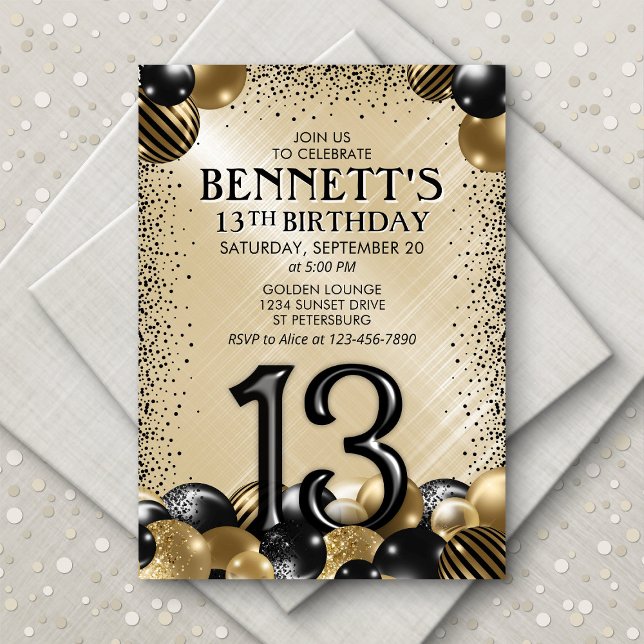 13th Balloons Black Gold Birthday Invitation (Creator Uploaded)
