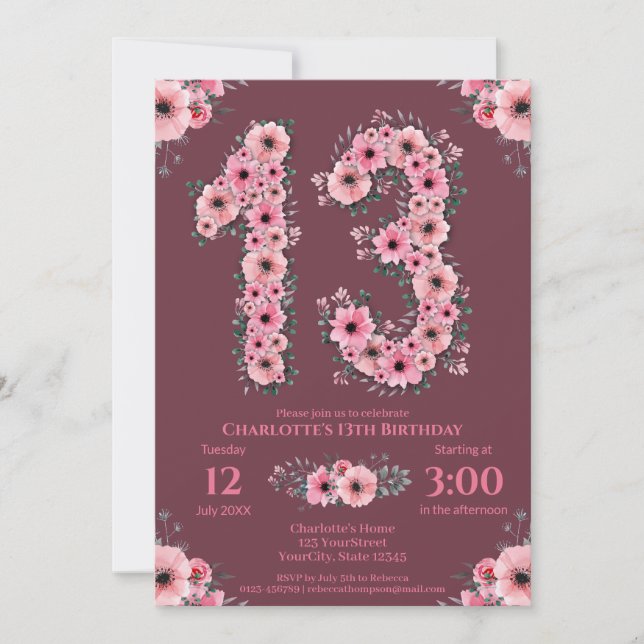 13th Big Birthday Girl Pink Flowers Green Foliage Invitation (Front)