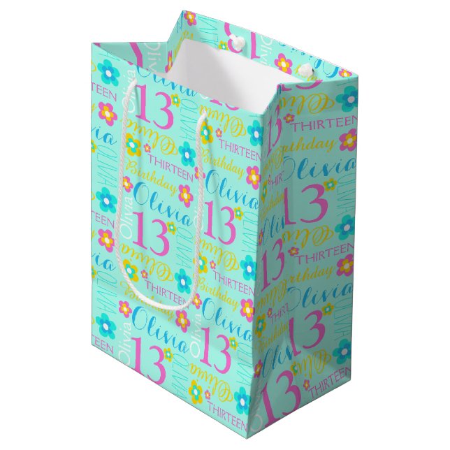 13th Birthday aqua teal pink custom name gift bag (Front Angled)