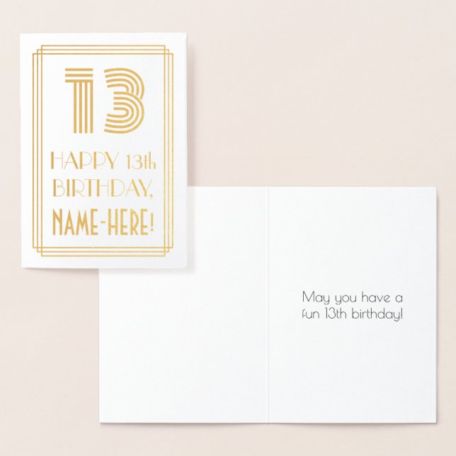 13th Birthday - Art Deco Inspired Look "13" & Name Foil Card (Display)