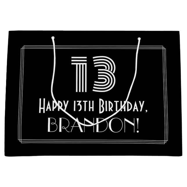 13th Birthday — Art Deco Inspired Look "13" & Name Large Gift Bag (Front)