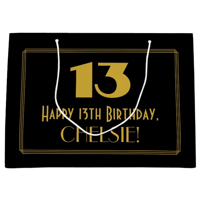 13th Birthday — Art Deco Inspired Look "13" & Name Large Gift Bag (Front)