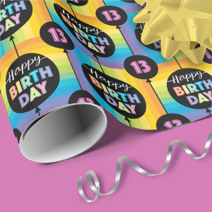 13th Birthday Balloons Rainbow Stripe Checks Wrapping Paper