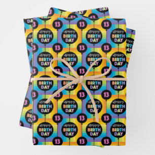 13th Birthday Balloons Rainbow Stripes Wrapping Paper Sheet