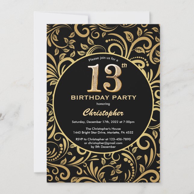 13th Birthday Black and Gold Floral Pattern Invitation (Front)