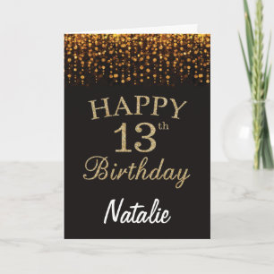 13th Birthday Black and Gold Glitter Card