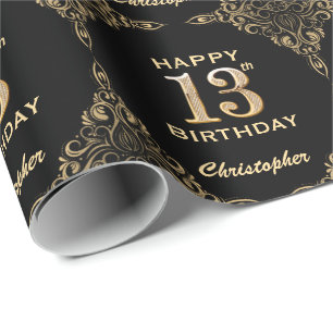 13th Birthday Black and Gold Glitter Frame Wrapping Paper