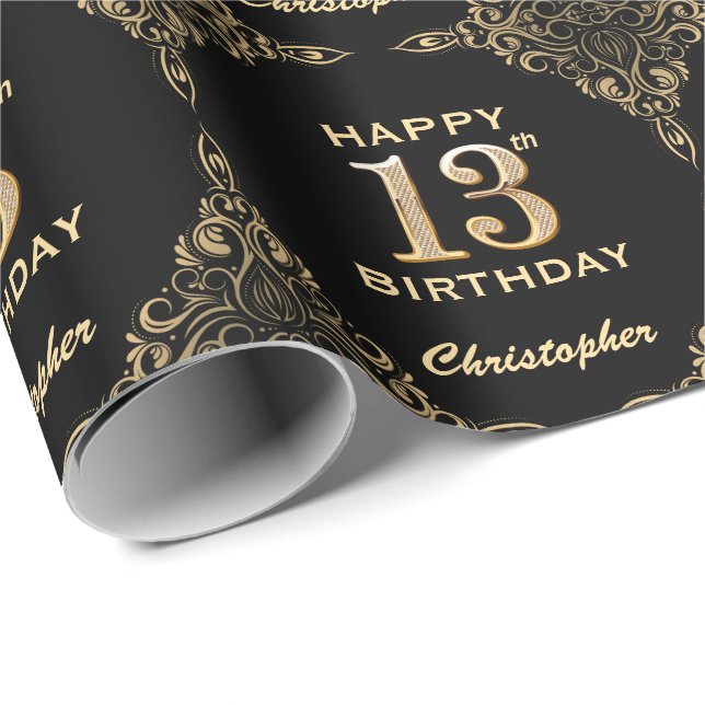 13th Birthday Black and Gold Glitter Frame Wrapping Paper (Roll Corner)