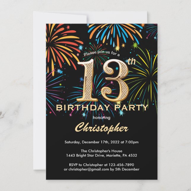 13th Birthday Black and Gold Rainbow Fireworks Invitation (Front)