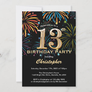 13th Birthday Black and Gold Rainbow Fireworks Invitation