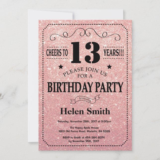 13th Birthday Black and Pink Rose Gold Glitter Invitation (Front)