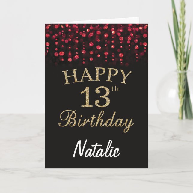 13th Birthday Black and Red Gold Glitter Card (Front)