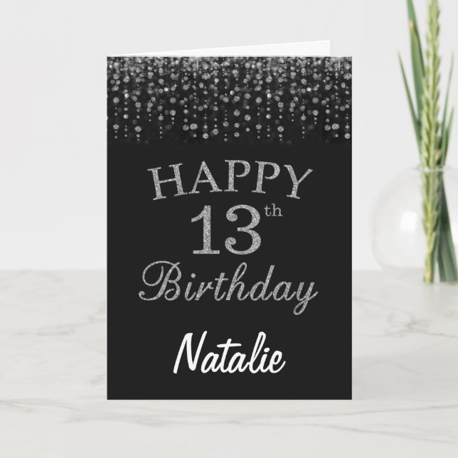 13th Birthday Black and Silver Glitter Card (Front)