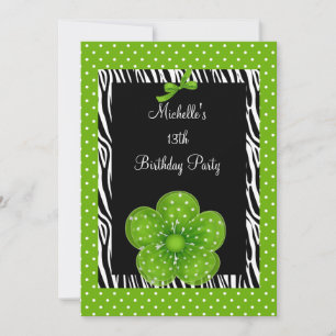 13th Birthday Black White Zebra Green Spot Flower Invitation