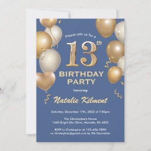 13th Birthday Blue and Gold Glitter Balloons Invitation